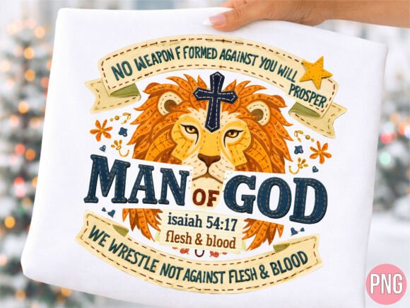 Elevating Faith-Based Branding with the Man of God Lion Isaiah 54 17 PNG T-shirt Design